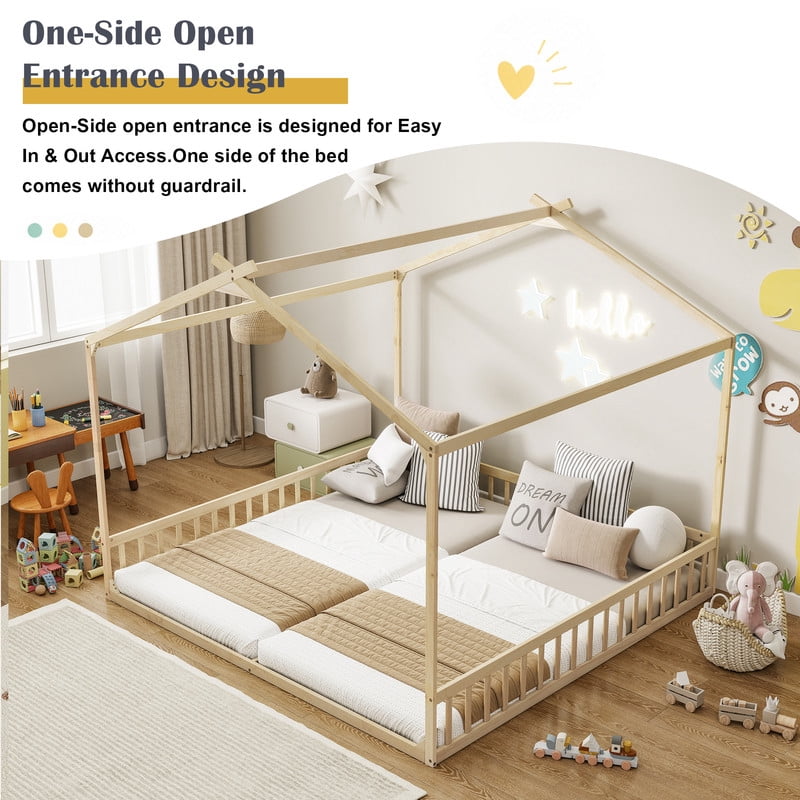 Double Twin Size House-Shaped Canopy Floor Bed with Safety Guardrails, Kids Wooden Low Profile Bed Frame with Open Roof Design