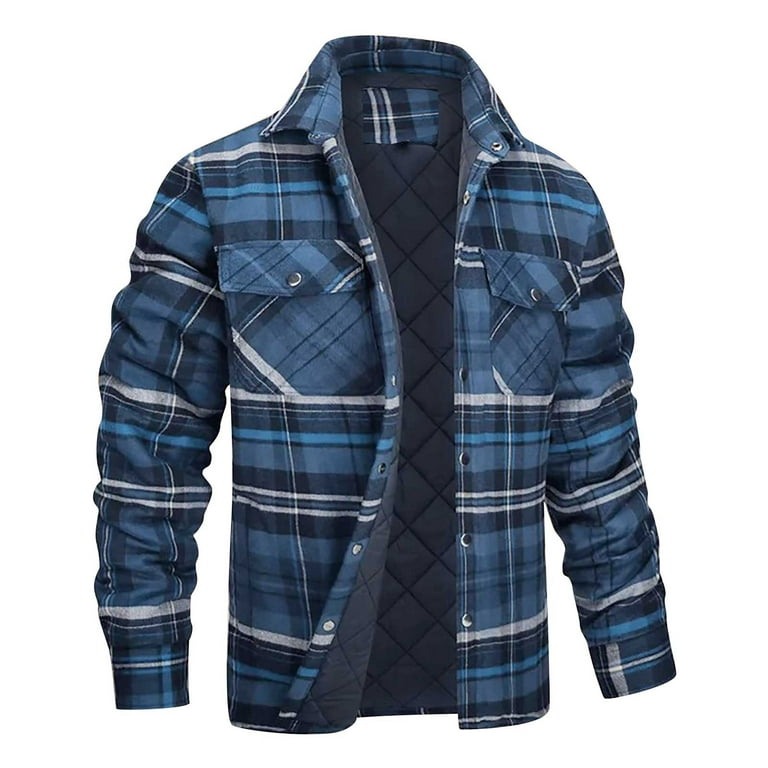 Brnmxoke Men's Lined Hooded Flannel Shirt Jacket with Pockets Plus Size  Quilted Plaid Coat Button Down Plaid Button Up Winter Thermal Warm Jackets