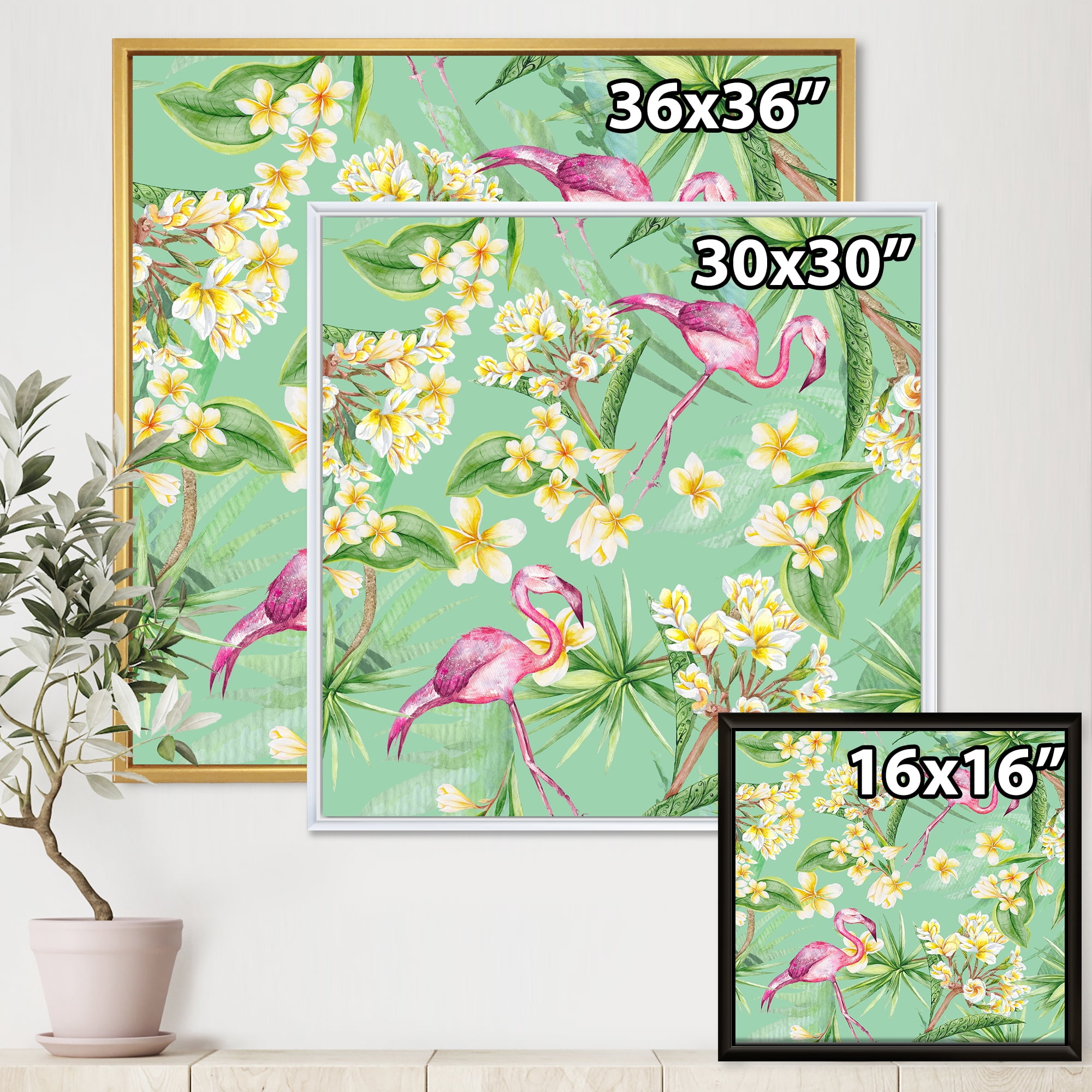 Designart 'Yellow Flowers, Tropical Foliage With Flamingo V' Traditional Framed Canvas Wall Art Print