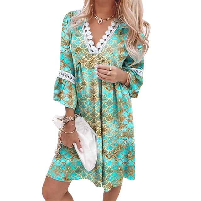 VISgogo Vestido suelto con cuello en V para mujer, bohemio 3/4 de manga larga con ribete de encaje, minivestido de playa fluido VISgogo moda