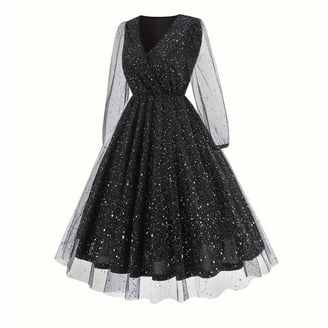 simple fit and flare dress Black V Neck Cap Sleeve Sequin Dress main image 0