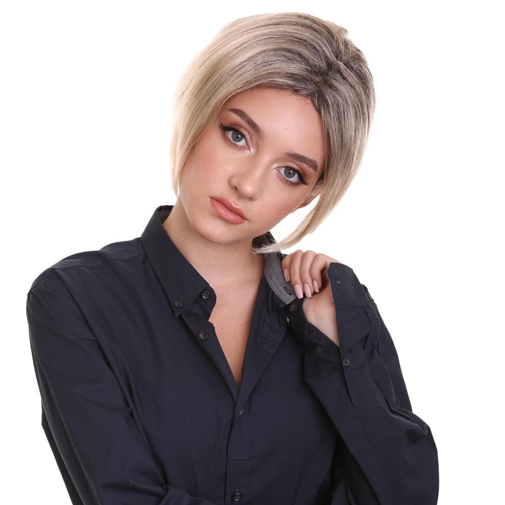 HPO Adult Women's Short Pixie Wig with Blonde Highlights | Light Brown Capless Costume Hair Wig
