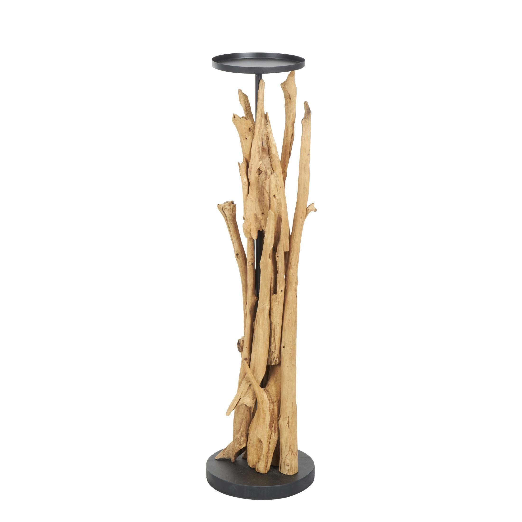 DecMode Brown Teak Wood Handmade Tall Tree Branch Floor Candle Holder with Black Metal Accents