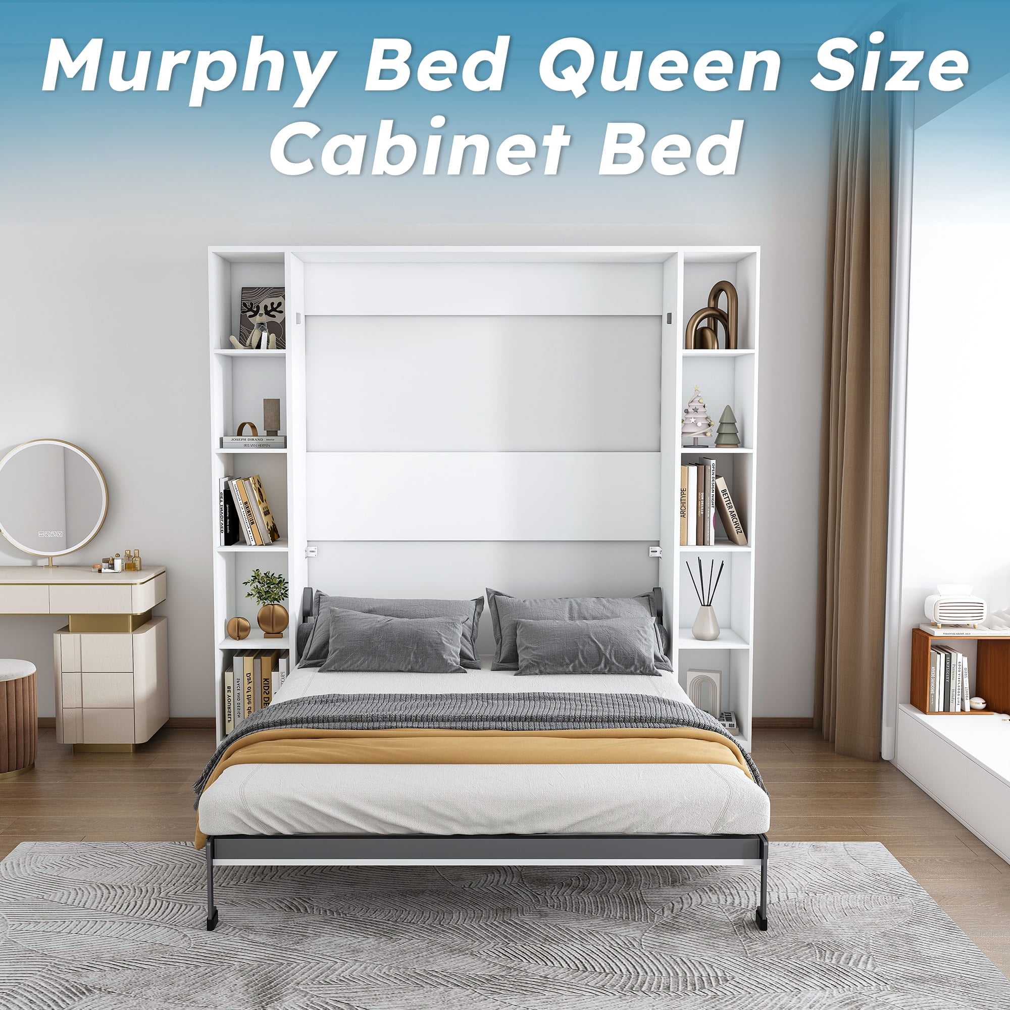 Mintazer Queen Size Murphy Bed with Storage Shelves, Hidden Foldable Wall Bed Frame with Wall Cabinet for Bedroom Guest Room, White