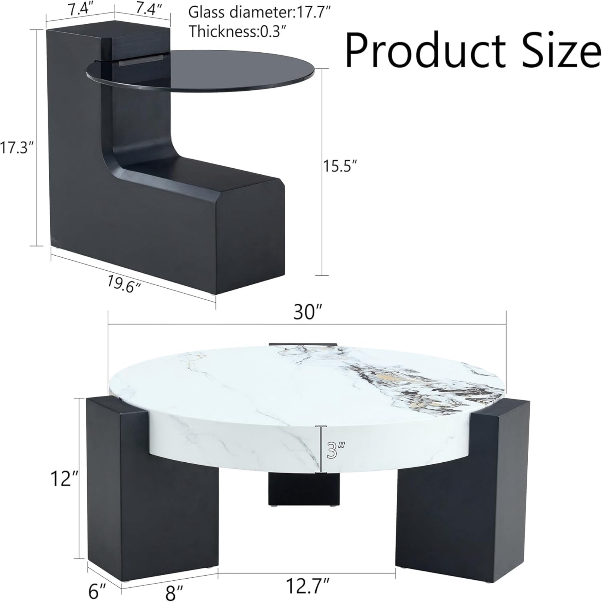 Sudica Detachable Double-decker Coffee Table,30" Round Tea Table with White Faux Marble Tabletop,Center Table for Living Room