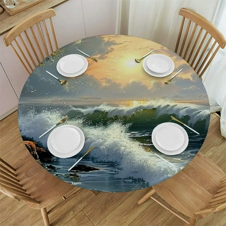 

Sheronv Waves Tree Round Table Cover Stain Resistant Washable Indoor Outdoor Tablecloth Kitchen Dining Wedding Parties Elastic Edge 100% Polyester Fiber 46-50