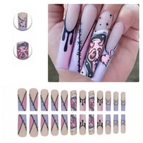 RAGUPEL 24Pcs Glue on Nails for Women,Hand-Painted Pattern Square Nail Tips,Matte Surface Press on Nail,Long Nails for Dating,Party,Taking Pictures,Daily Life,Style1