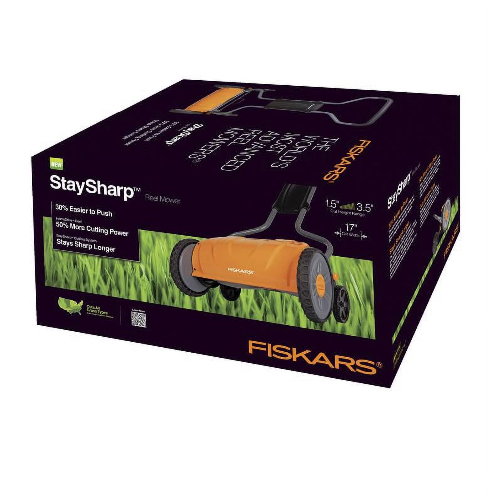 Fiskars StaySharp Reel Mower, Manual Push Lawn Mower with 5 Steel Blades  and 17 Cutting Width 