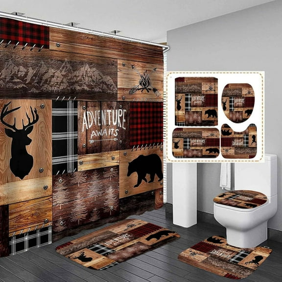 4PCS Cabin Shower Curtain Set, Black Bear Forest Woodland Animal Wildlife Hunting Lodge Red and Black Buffalo Plaid Christmas Country Rustic Farmhouse Bathroom Decor, Non-slip Bath Mat