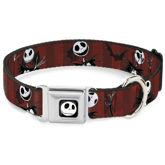 Disney Pet Collar, Dog Collar Metal Seatbelt Buckle, Nightmare Before Christmas Jack Poses Bats Red Stripe, 13 to 17 Inches 1.5 Inch Wide
