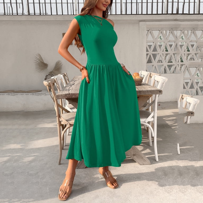 SMihono Women's Fashion Collared Summer Long Dresses Pleated Flowing Hem  Loose Maxi Dress Elegant Beach Clothes Green L - Walmart.com