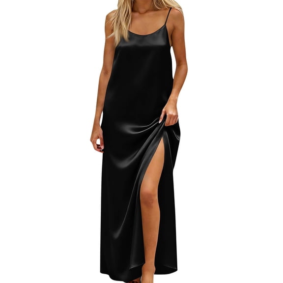 Women's Sexy Backless Satin Maxi Dress V-Neck Sleeveless Side Slit Graduation Party Gown