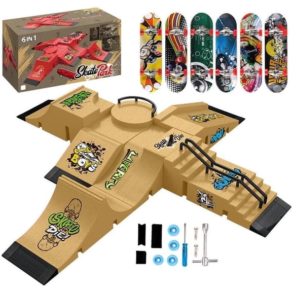 Fingerboard Park Ramp Kit -6-in-1 modular mini skateboard training kit for children and adults, used for fast skills and high jump mini fingerboard skateboard training, durable and portable design M