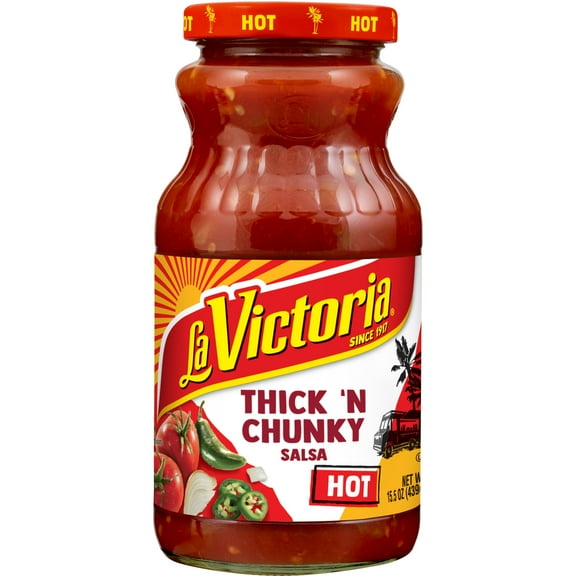 LA VICTORIA Thick 'N Chunky Salsa, Hot, Shelf-Stable, 15.5 oz Glass Jar