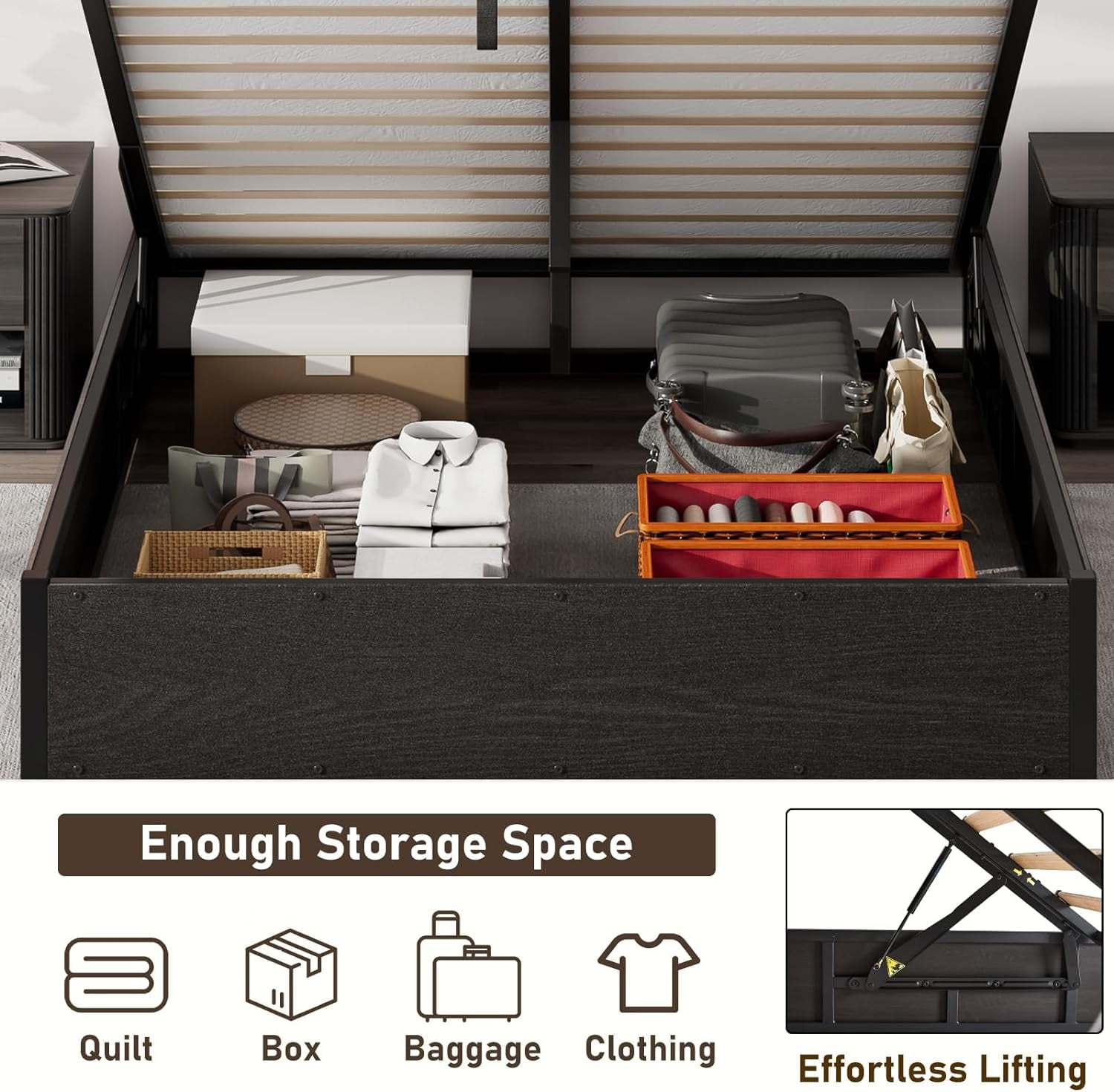VanAcc Queen Size Lift Up Storage Platform Bed Frame, Metal Bed Frame with Wooden Slats Support, Large Storage Space, Noise Free, Easy Assembly, Black