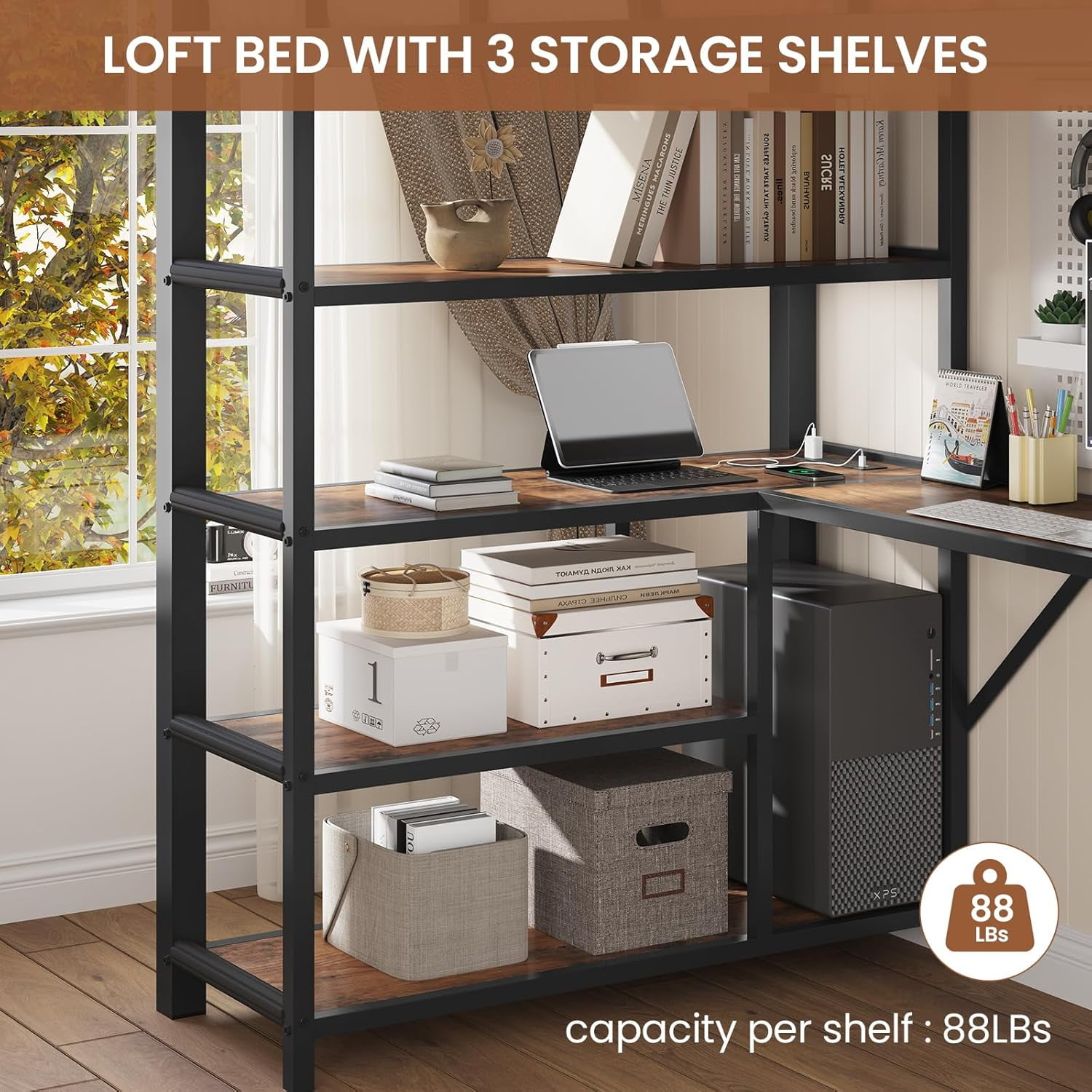 Twin Size Loft Bed with Power Outlet and LED Lights, Metal Loft Bed Frame with L Shape Desk and 4-Tier Storage Shelves, No Box Spring Needed,  Black