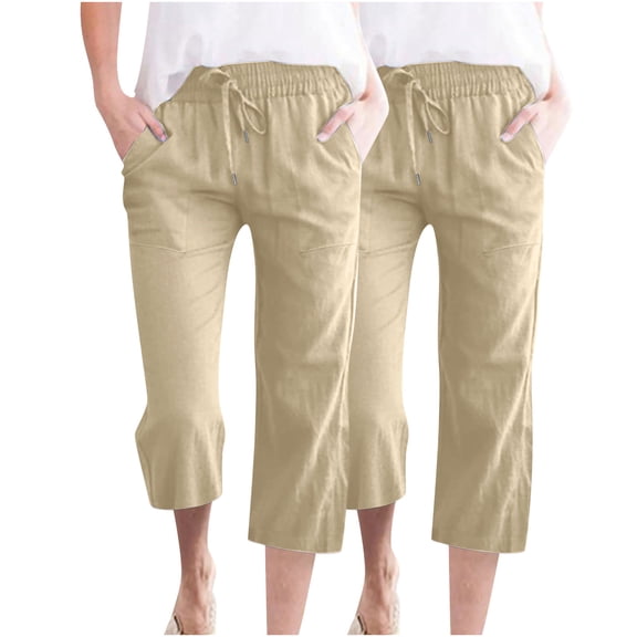 Iugvhana 2-Pack Linen Capri Pants for Women Plus Size Casual Drawstring Elastic High Waist Cropped Pants Straight Loose Wide Leg Capris with Pockets Khaki&Khaki XL