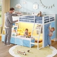 thumbnail image 5 of Twin Size Low Loft Bed with 7 Drawers & Bookshelf Reading Nook & Upholster Cushioned Seats LED Under-bed Play House Metal Platform Bed Small Space Furniture Blue, 5 of 14