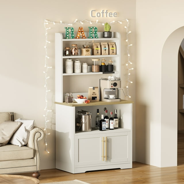 EDTara Microwave Stand In Farmhouse Design, Equipped With Power Outlet, Usb Ports, Thickened Countertop, Storage Cabinet, and Open Shelves for Kitchen Appliances and Organization