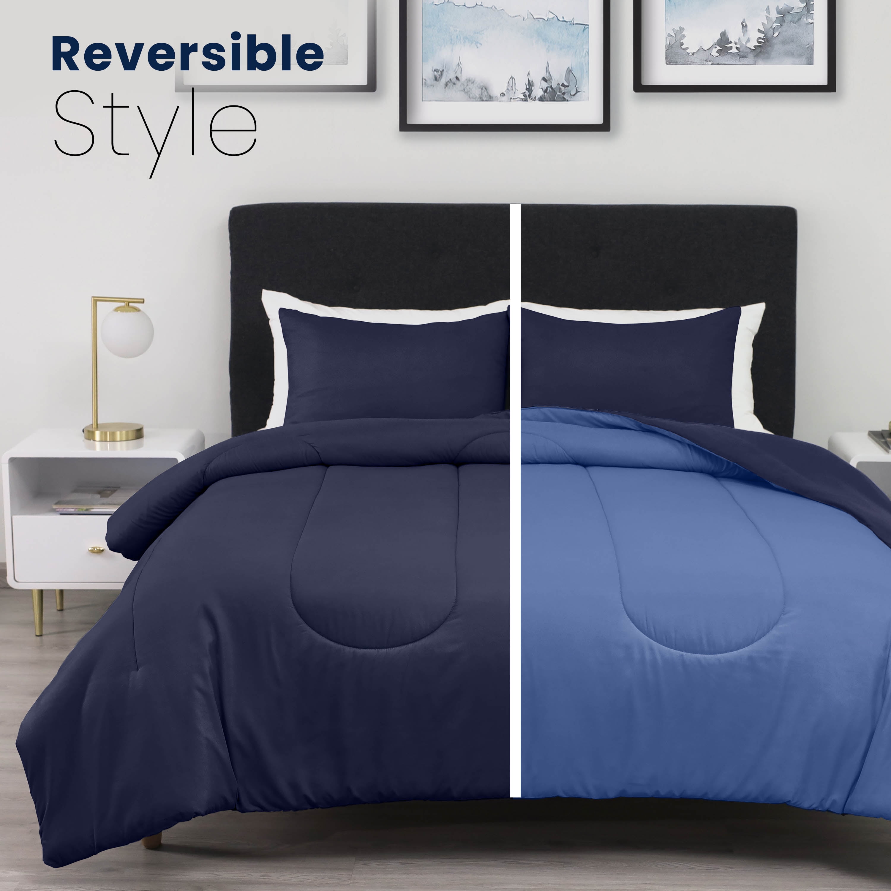 Martex 3-Piece Reversible Comforter Set, King, Super Soft Lightweight Microfiber Bedding Set, Navy/Ceil Blue