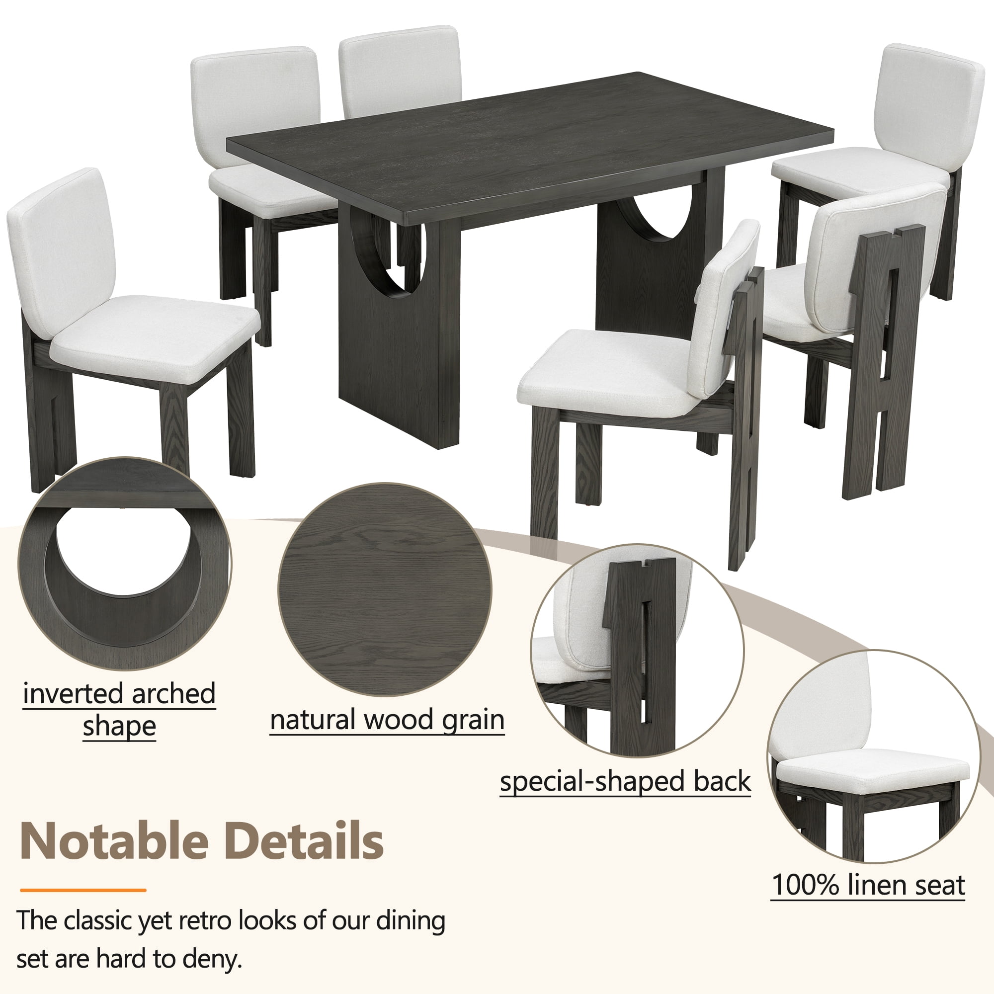 7-Piece Dining Table Set for 6, 60" Rectangular Dining Table with 6 Upholstered Chairs