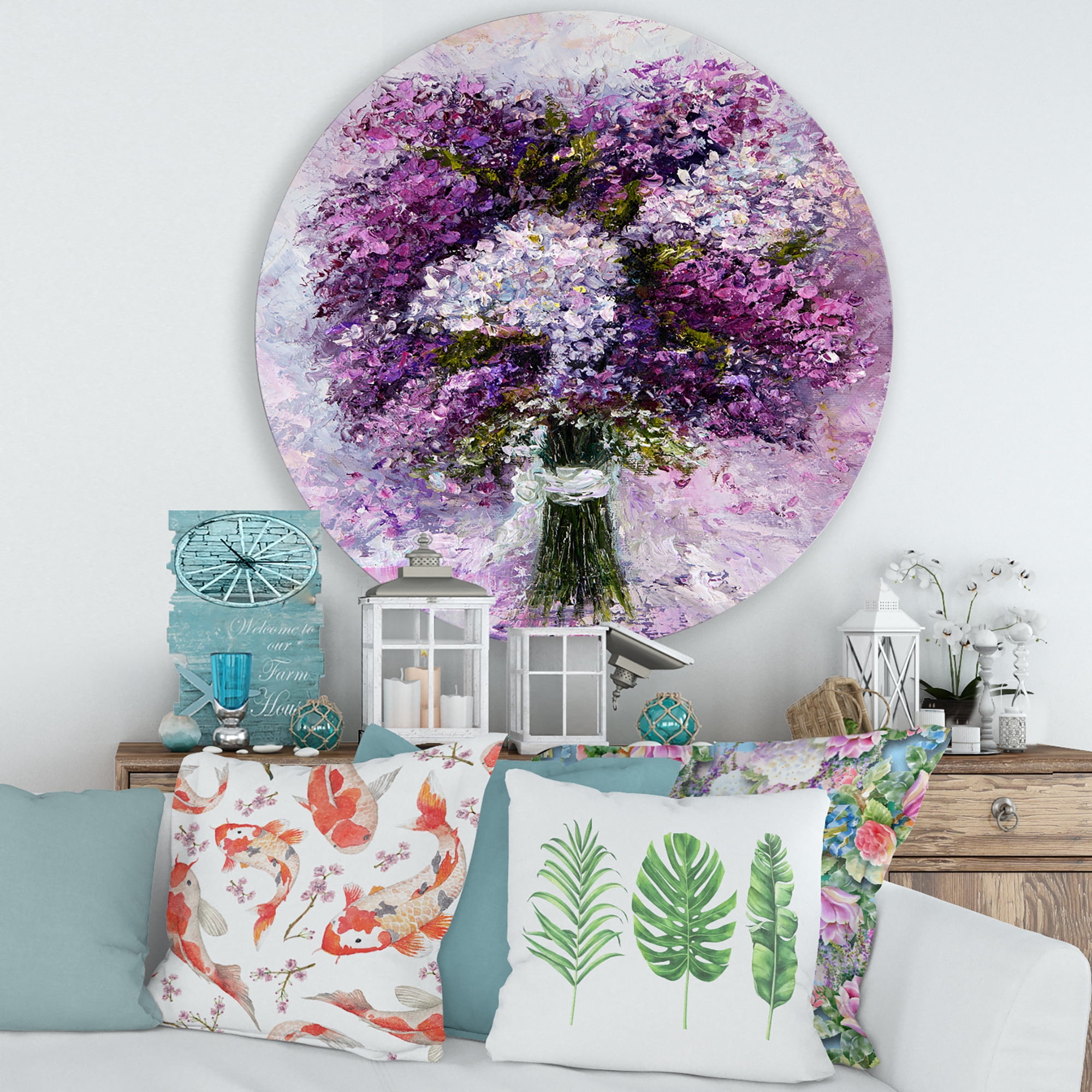 Designart 'Purple Hyacinth Flowers Bouquet' Traditional Circle Metal Wall Art 36x36 - Disc of 36