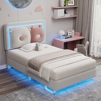 Vipuse Twin Size Upholstered Bed Frame with LED Lights, Bed with Adjustable Headboard, Princess Platform Bed, Solid Wood Slats Support, Beige