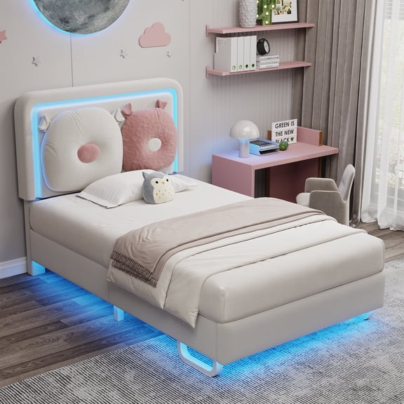 Vipuse Twin Size Upholstered Bed Frame with LED Lights, Bed with Adjustable Headboard, Princess Platform Bed, Solid Wood Slats Support, Beige