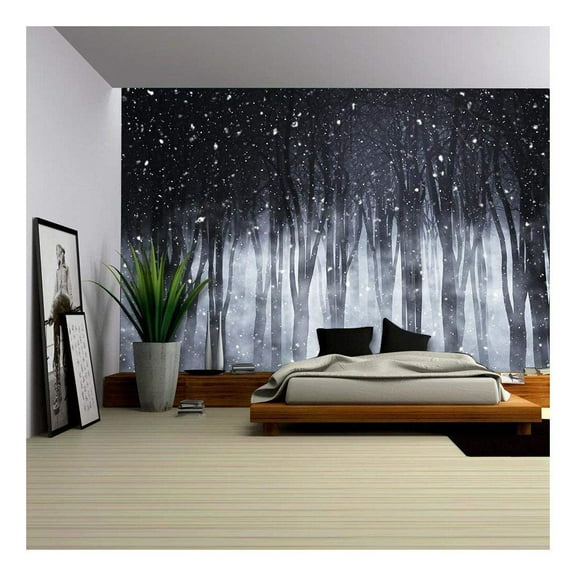 wall26-3D Render of a Spooky Foggy Forest on a Snowy Night - Removable Wall Mural | Self-Adhesive Large Wallpaper - 66x96 inches