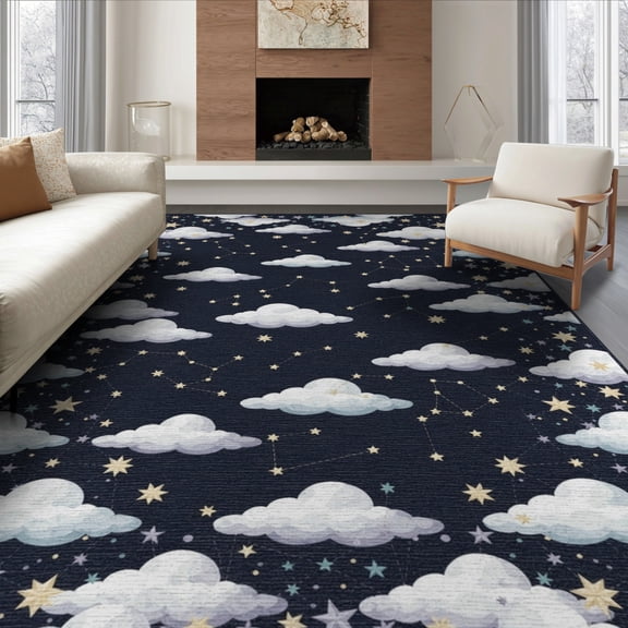 ODIKA 8'x10' Washable Area Rug Non-Shedding, Easy Care, Sky Celestial Cloud With Constellation Star Map Border Starry Flowing Dynamic for King Size Bedroom Under Bed, Master Suite