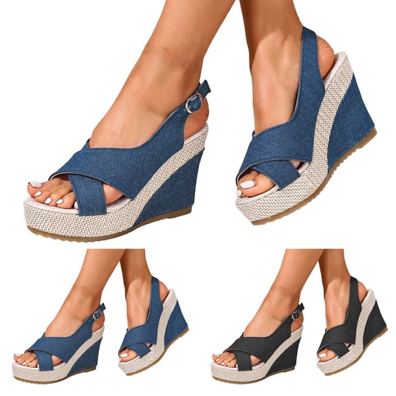 Dakaela Women Platforms Wedge Sandals Denim Chunky High Heels Espadrille Summer Dressy Open Toe Slingback Walking Shoes Size 6