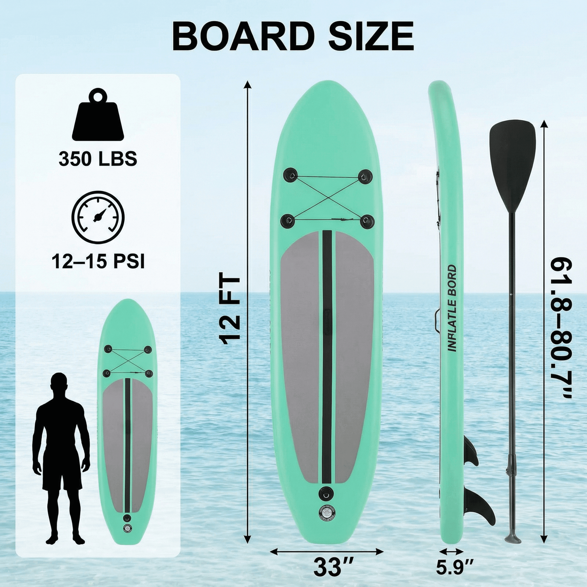 TLSUNNY 12' Inflatable Sup Paddle Board Portable Adjustable Stand Up Fishing Paddle Board Non-Slip