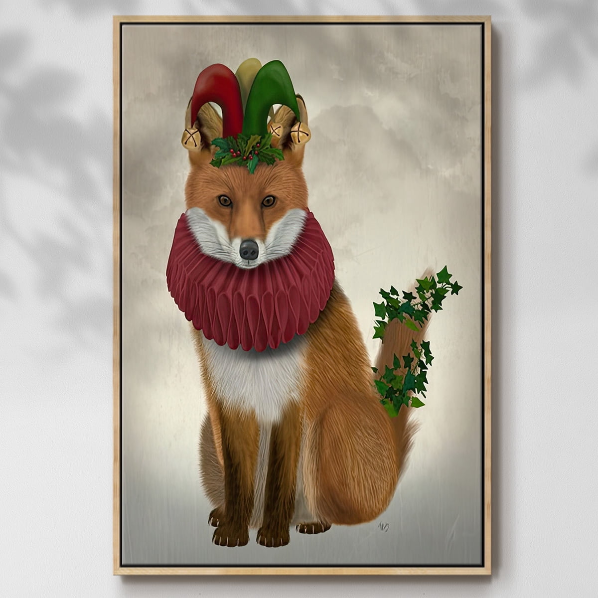 Christmas Holly and Ivy Fox - Framed Gallery Wrapped Holiday Canvas - 27 x 41 - Natural Wood Frame