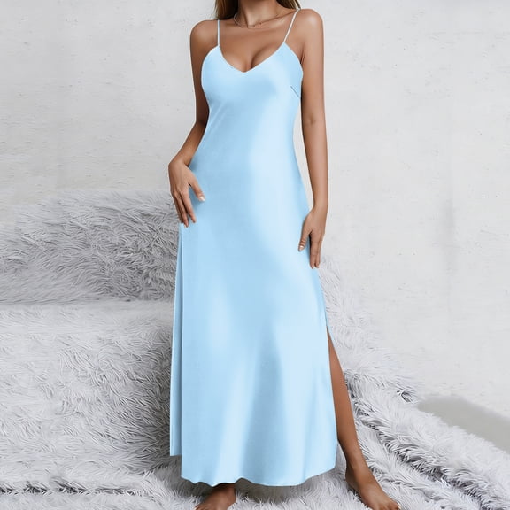 Women's Slip Maxi Dress V Neck Spaghetti Strap Side Split Silky Satin Bodycon Long Gown For Cocktail Party Night Out Clubwear Elegant Wedding Guest Formal Apparel