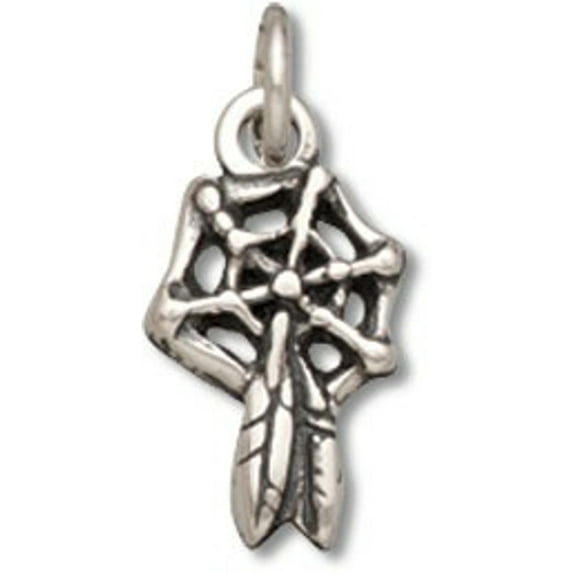 Sterling Silver 16" .8mm Box Chain 3D Small Dream Catcher Pendant Necklace Two Feathers