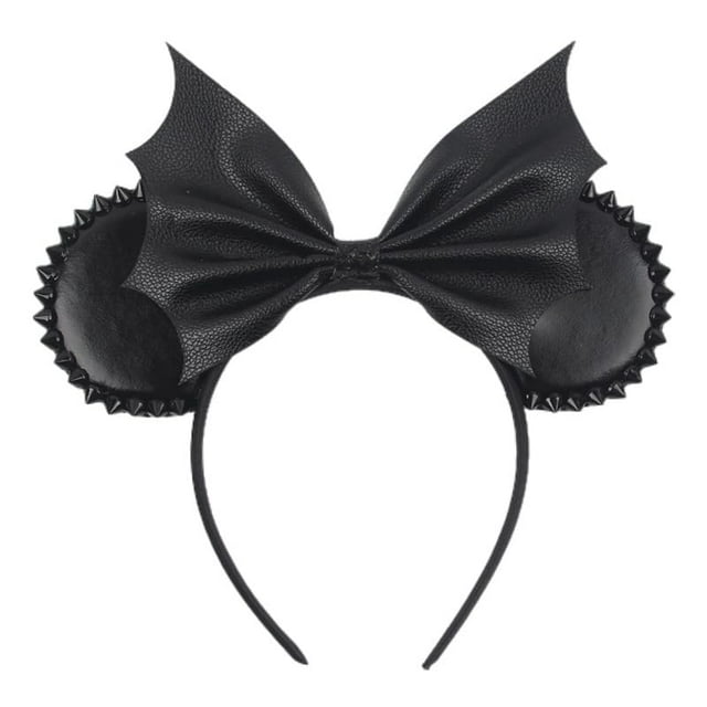JIAHANG Diadema negra con orejas de ratón de PU con remache, lazo para el pelo de Halloween, decoración de fiesta de disfraces, juego de rol, disfraz para mujeres y niñas