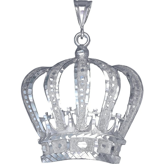 Huge Heavy Sterling Silver Crown Charm Pendant Necklace 19 Grams 2.8 Inches with Diamond Cut Finish and 24 Inch Figaro Chain