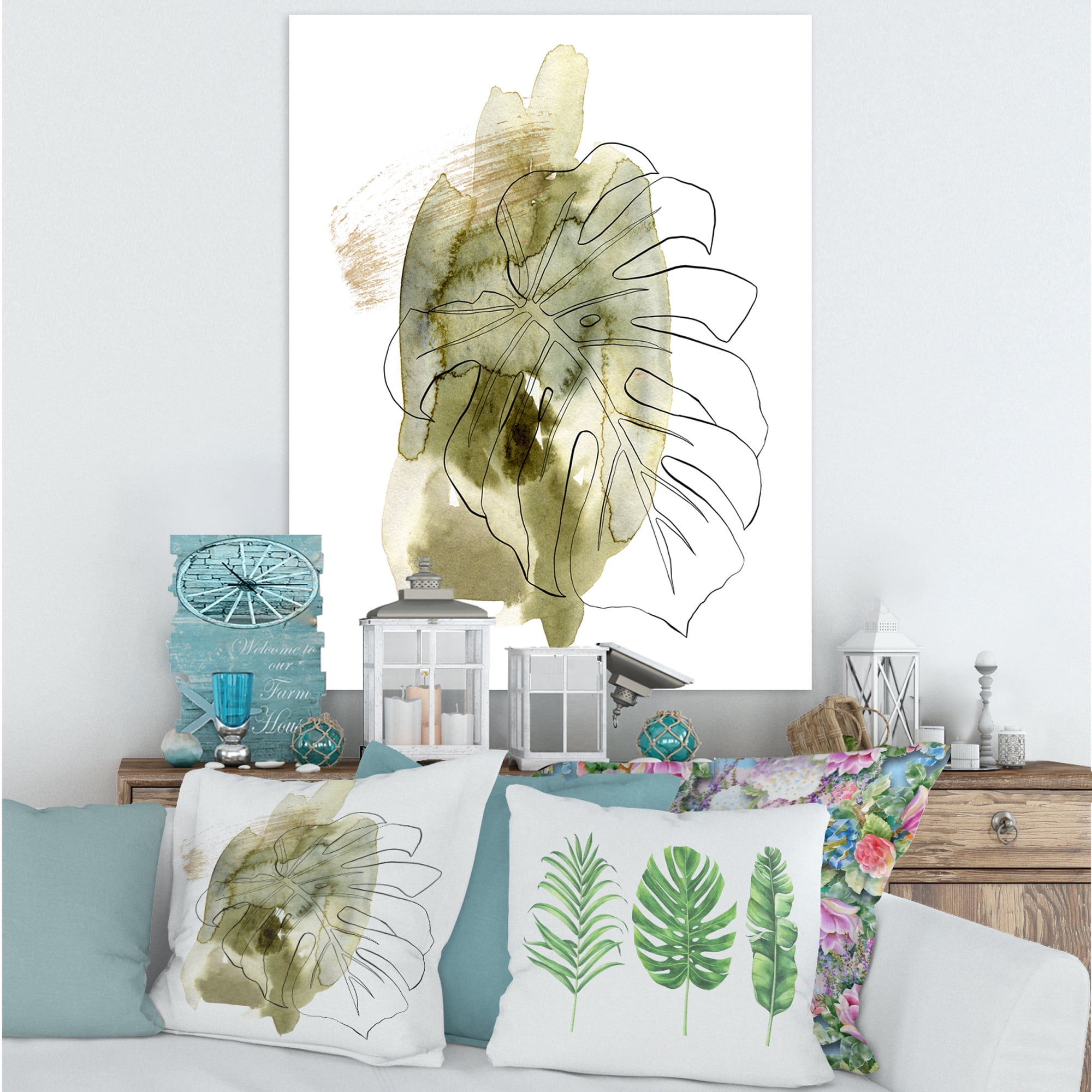 Designart ' Line Art Monstera Branch Tropical Abstract Leaves on Green ' Traditional Canvas Wall Art Print