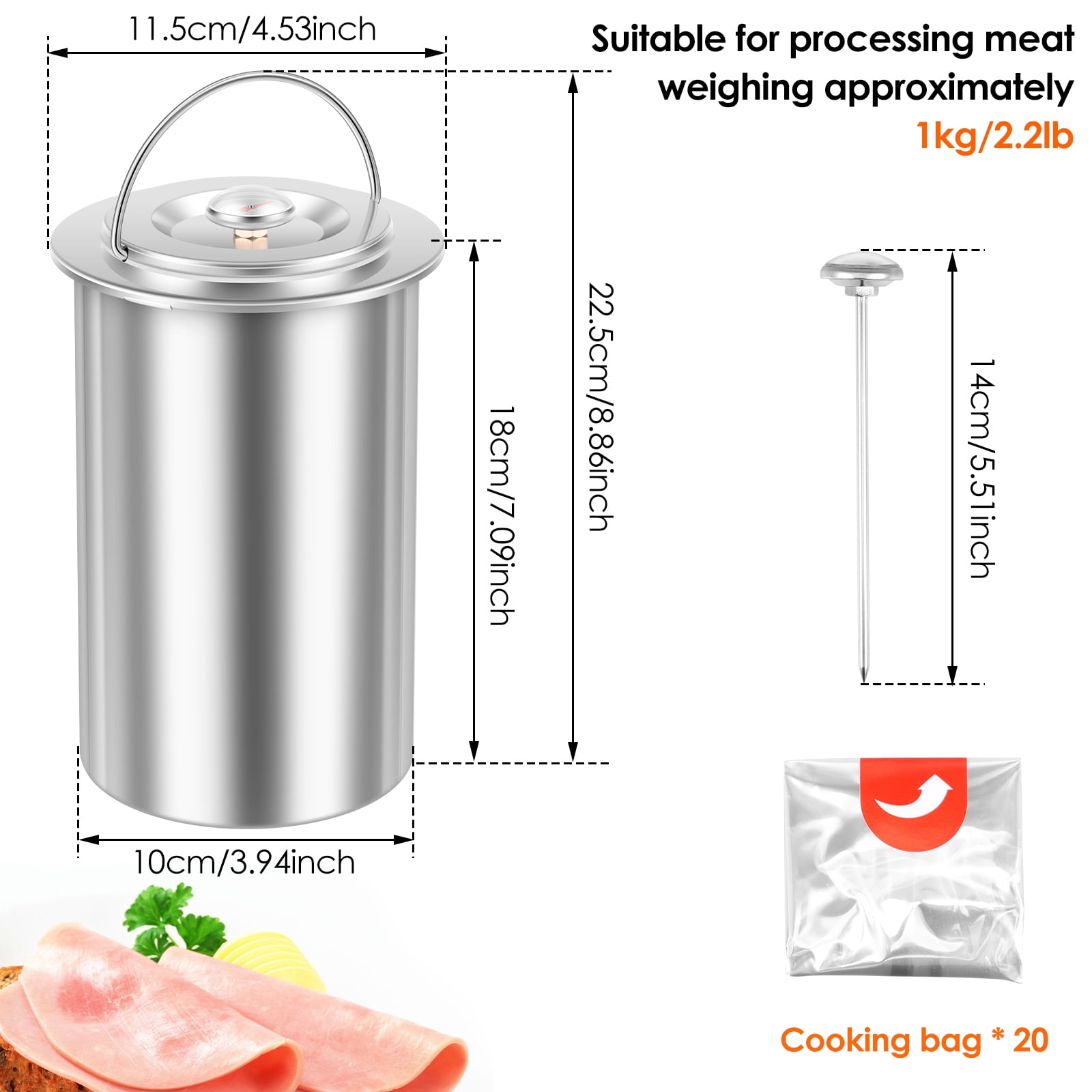 304 Stainless Steel Meat Press Cooker Ham Maker Meat Pressure Cooker Large Capacity Homemade Ham Press Maker with Thermometer and 10 Cooking Bag