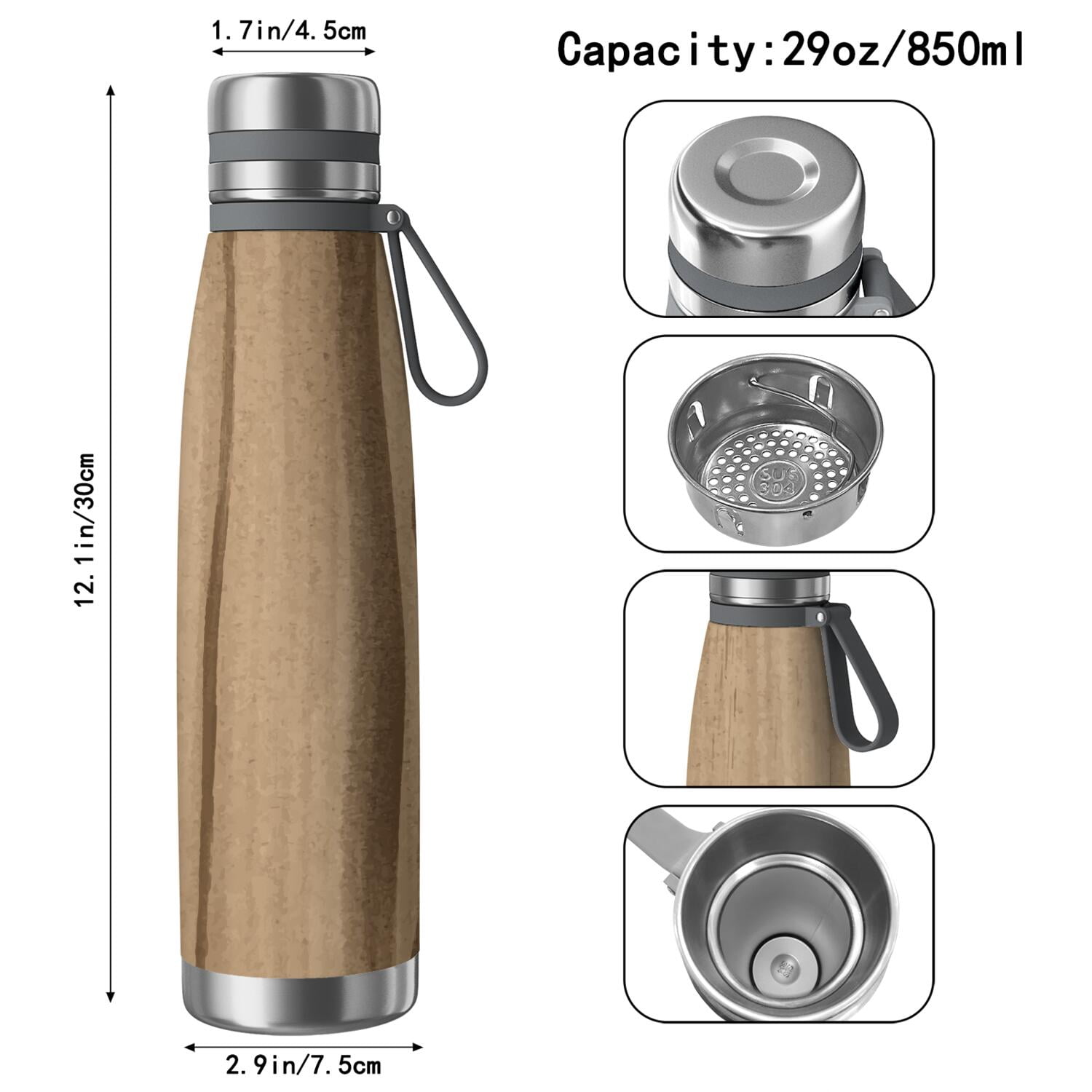29oz Insulated Water Bottle with Tea Infuser, Stainless Steel Travel Mug, Wood Print