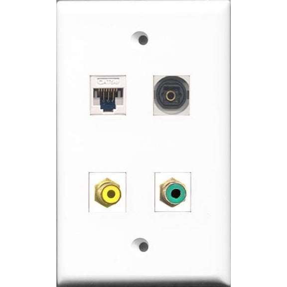 RiteAV 1 Port RCA Yellow and 1 Port RCA Green and 1 Port Toslink and 1 Port Cat5e Ethernet White Wall Plate