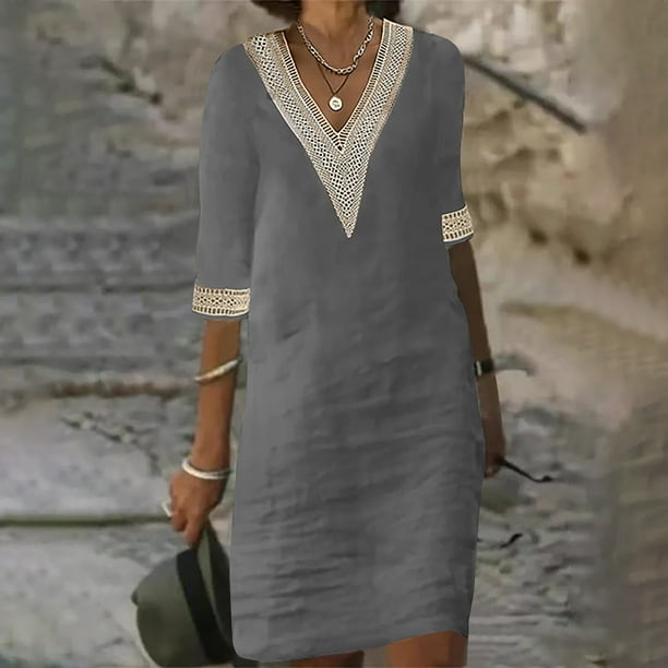 Puntoco Vestido De Manga Corta Con Cuello En V, Vestido Casual Con Cuello En V De Manga Media De Color Sólido De Verano Para Mujer Gris M