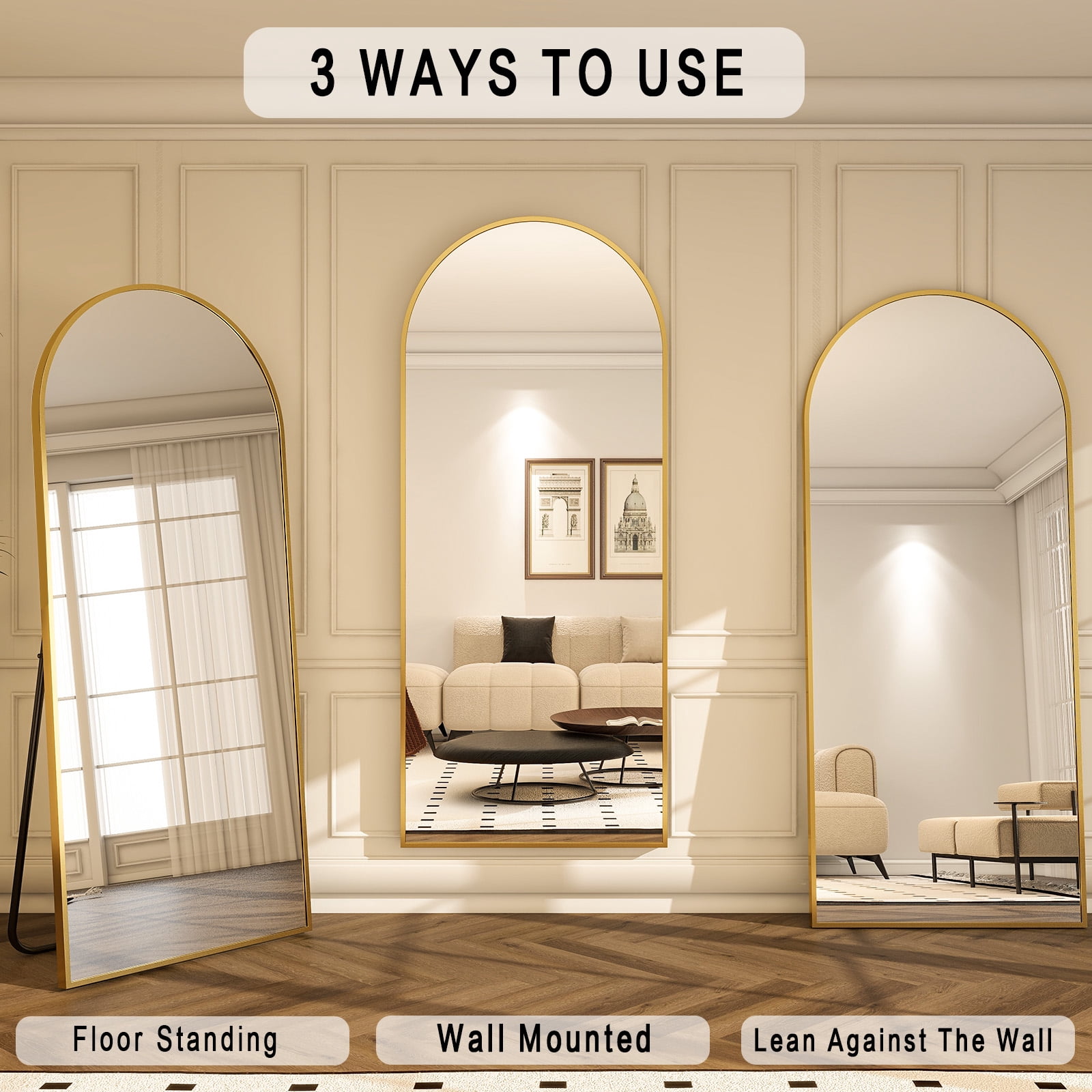 Fynelo 76"x34" Arched Full Length Floor Mirror Free-standing Mirror with Aluminum Alloy Frame, Gold