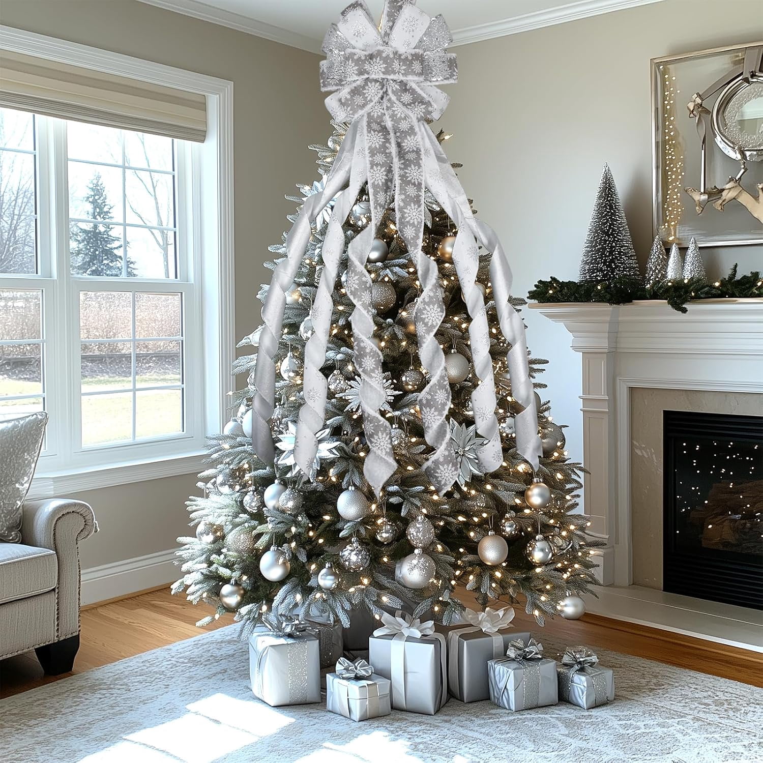Large Christmas Tree Topper Bow 52x13 Inch, Pre-Tied Wired Ribbon Wreath Bows, Xmas Ornaments with Long Wired Edge Streamer for Holiday Thanksgiving Indoor Outdoor Party Decoration (Silver)