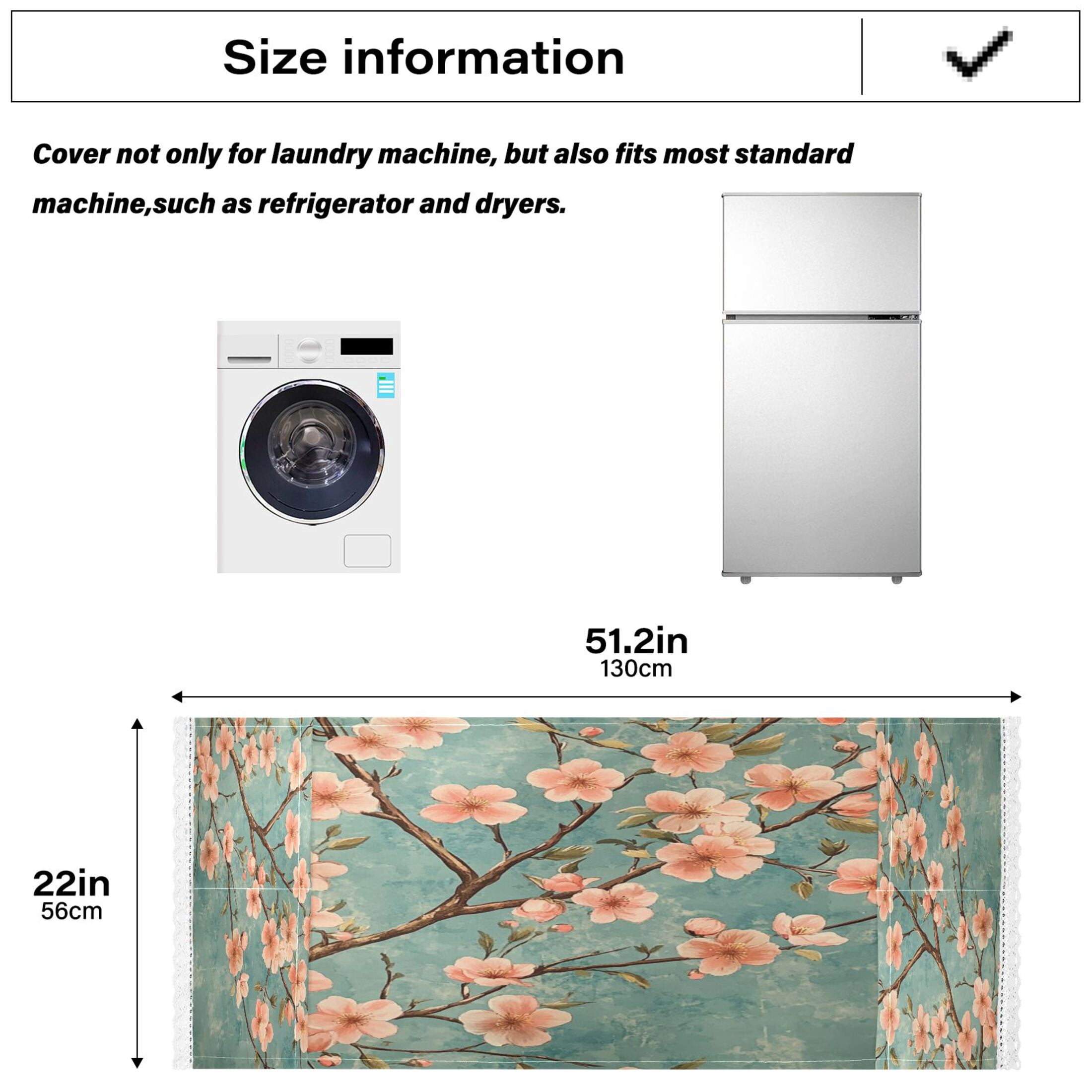 Peach Blossom PatternWasher and Dryer Covers Dust-Proof and Oil Resistant Fridge Cover with 4 Storage Pockets Washing Machine Top Cover for Laundry Kitchen Home 51.2 x 22 In