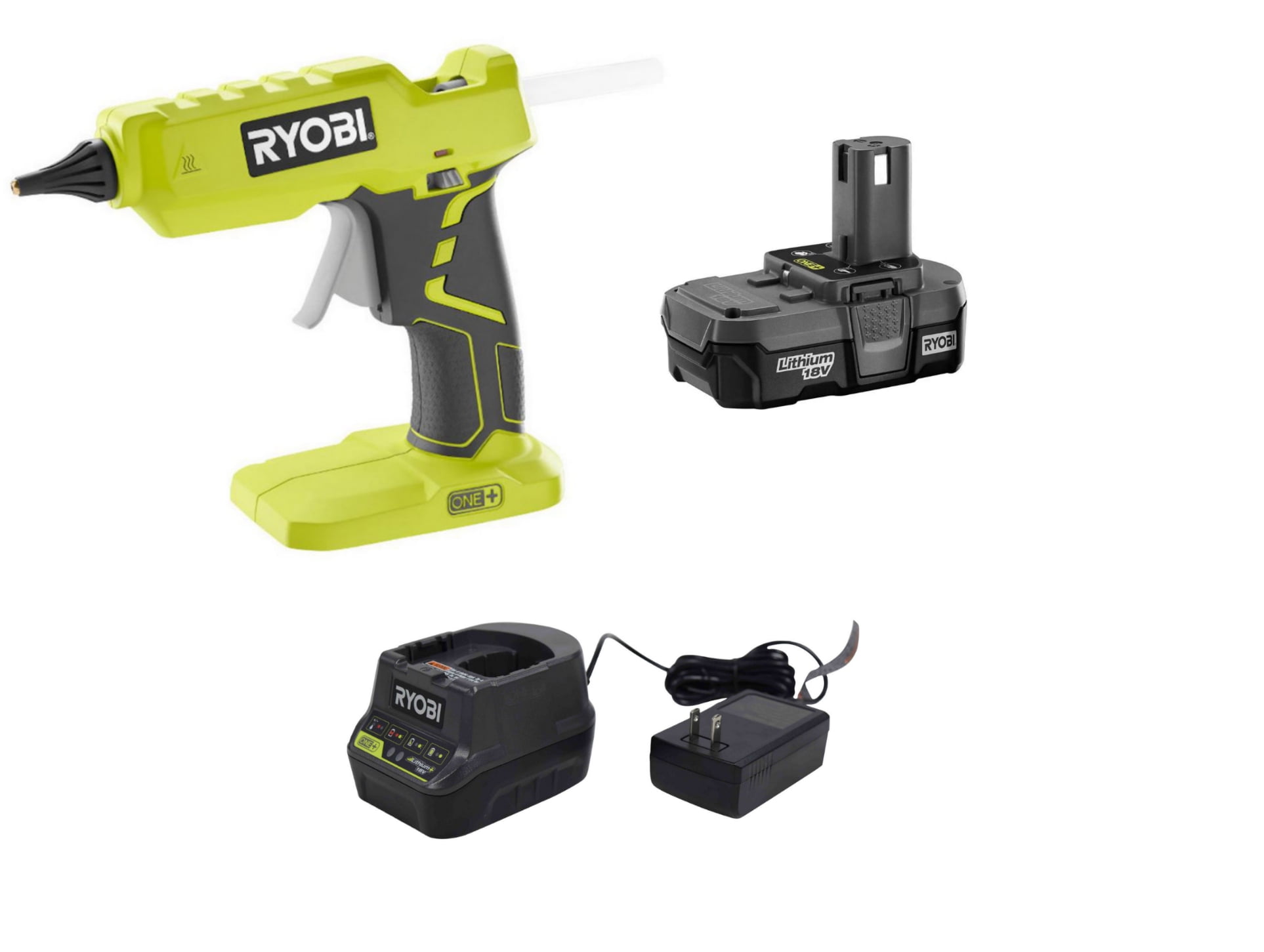 Techtronics Ryobi ONE+ 18V Cordless Compact Glue Gun Kit with 1.5 Ah  Compact Lithium-Ion Battery and 18V Charger