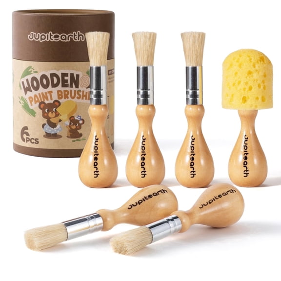 JUPITEARTH Jumbo Paint Brushes, Easy Grip Round and Sponge Toddler Paint Brushes with Natural Wood Handles for Washable Paint and Acrylic Paint, 6 Pcs