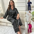 thumbnail image 4 of XBASW Womens Satin Pajama Set Solid Color Silk Pjs Outfit Long-Sleeved Sleepwear Button down Spring Fall Loungewear S-XL, 4 of 11
