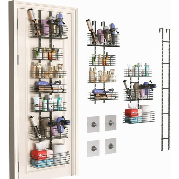 7-Tier Over The Door Bathroom Organizer, Shower Caddy Hanging &Wall Mounted Hair Tool Organizer/Hair Dryer Holder, Adjustable Bathroom Shelves Behind Door Storage for Bathroom Bedroom Closet Cabinet