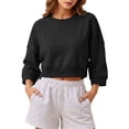 thumbnail image 2 of Naotn Women Cropped Sweatshirts Fall Trendy Crew Neck 3/4 Raglan Sleeve Solid Loose Casual Workout Pullover Tops, 2 of 8